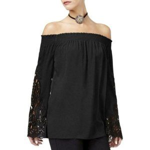 KOBI BLACK CHIFFON CROCHET LACE OFF SHOULDER TOP S